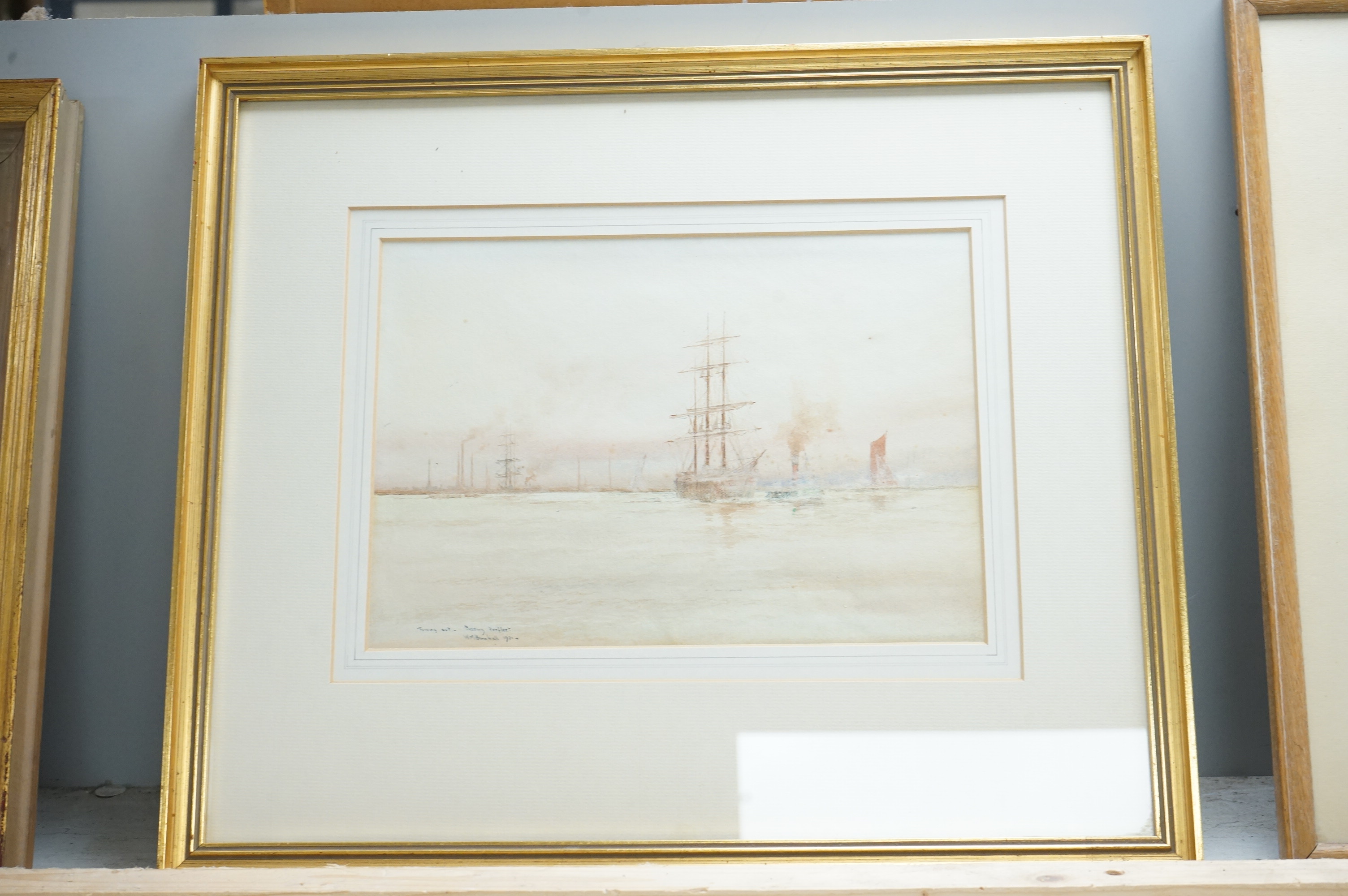William Minshall Birchall (1884-1941), watercolour, ‘Towing out passing Purfleet, 1921’, signed, inscribed and dated, 17 x 23cm